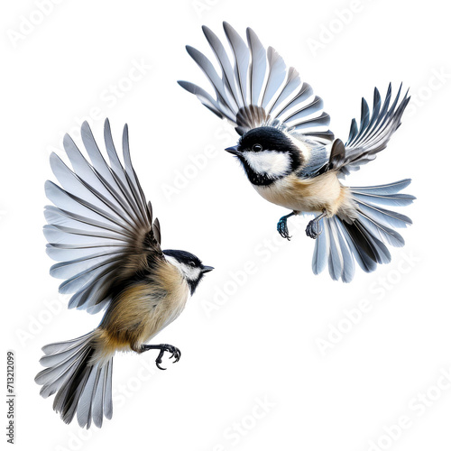 a couple of little birds chickadees flying toward spread its wings and feathers