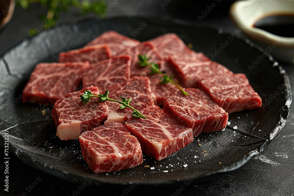 A black plate with beef cuts that have been sliced. Generative AI. A black plate with beef cuts that have been sliced. Generative AI.