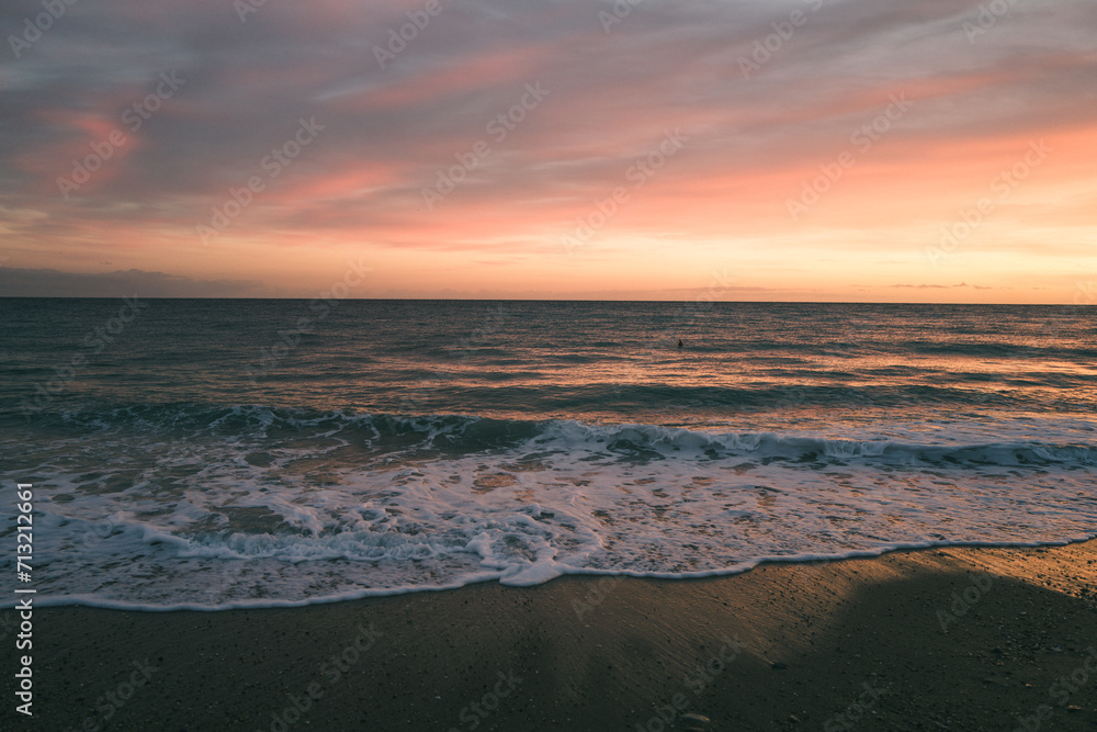 Panoramic sunset view from Finale Ligure at Mediterranean Sea, Italy