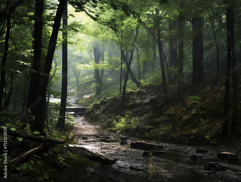 Obraz premium rain in the forest, gloom, rain, forest, created with Generative AI technology