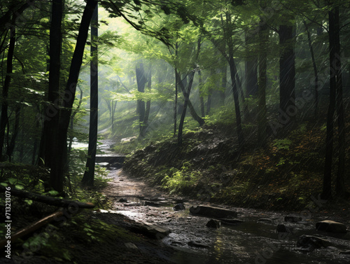 rain in the forest, gloom, rain, forest, created with Generative AI technology