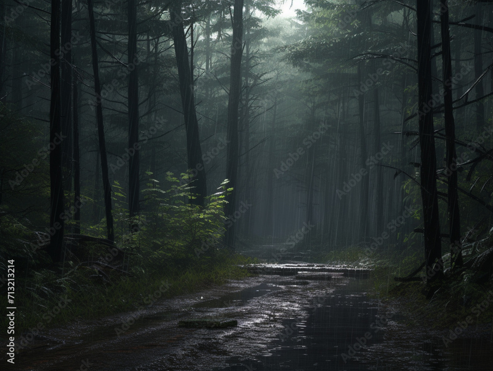 Fototapeta premium rain in the forest, gloom, rain, forest, created with Generative AI technology