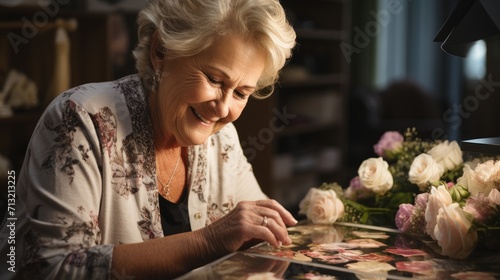 Explore the Creativity of a Woman Crafting Memories in a Personalized Scrapbook, Adorning Pages with Dry Flowers and Artistic Paper Elements for a Unique Memory Journal. photo
