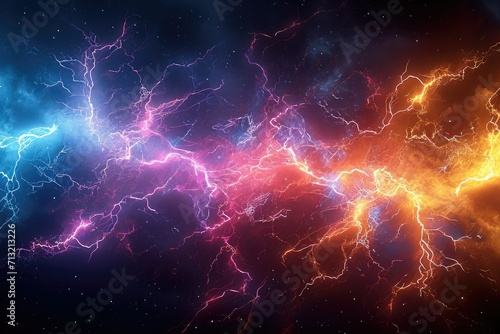 Lightning bolts and colorful lightning bolts in the style of quantum wave. Generative AI.