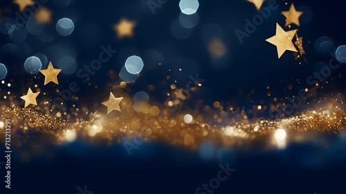 Abstract background with gold stars, particles and sparkling on navy blue. Christmas Golden light shine particles bokeh on navy blue background. 2024 New year background. Gold foil texture.