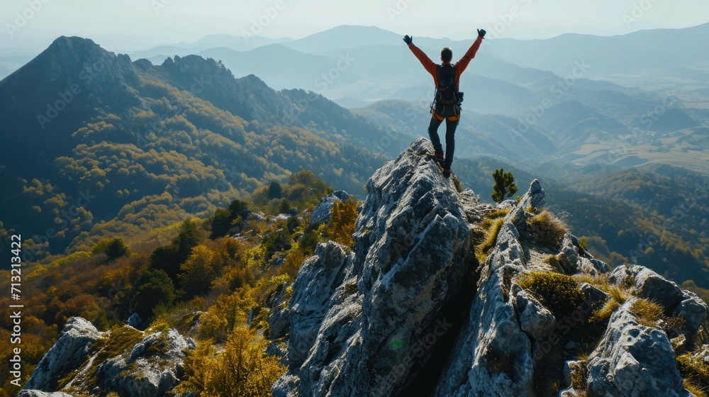 Obraz premium Happy man with arms up jumping on the top of the beautiful mountain - Successful hiker celebrating success on the cliff