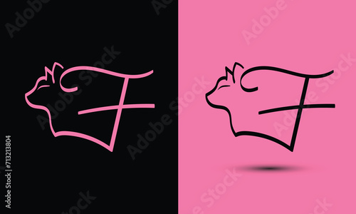 Initial letter F combine with cat head BLACK and PINK