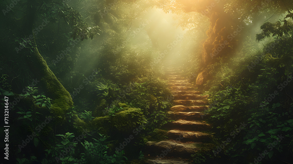 Sunlit Stone Stairway Winding through a Misty Forest