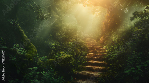 Sunlit Stone Stairway Winding through a Misty Forest