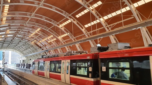 Jakarta, Indonesia – January 13, 2024: View of LRT Station Jakarta Dukuh Atas tunnel construction arch steel and railway from platform.