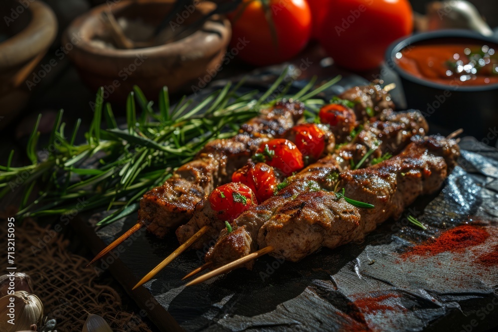 Lula kebab with rosemary sprigs on a background of tomato and sauce. Concept for the development of kebab shops, cafes, restaurants. 
