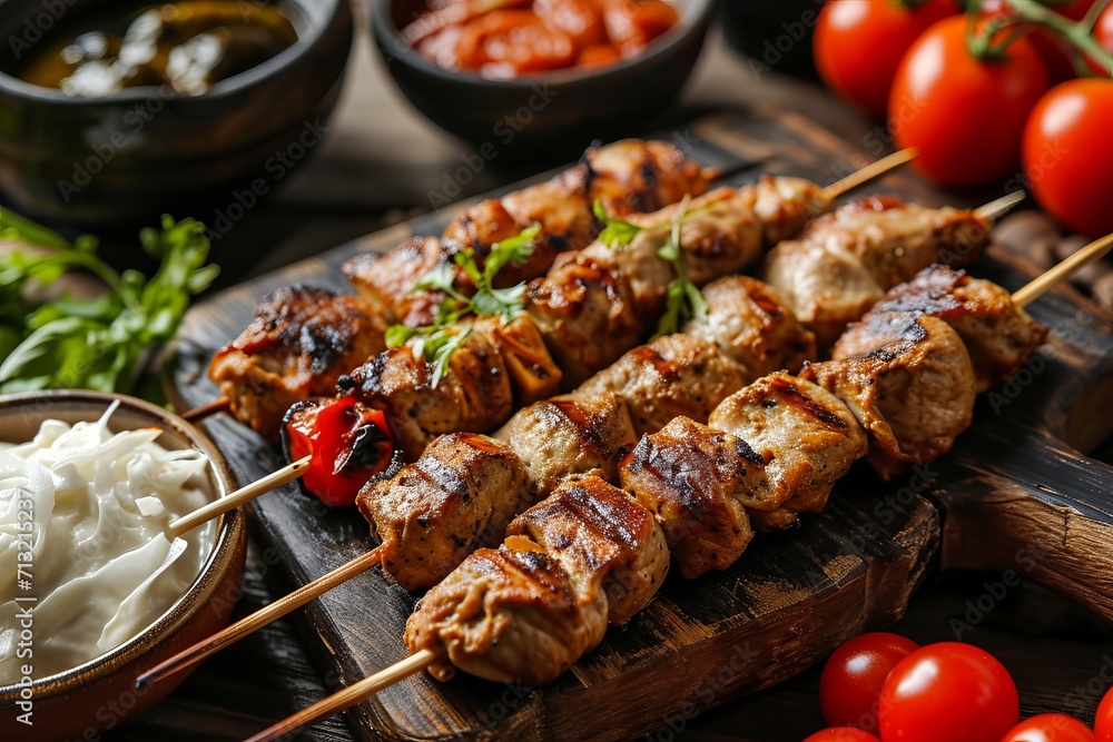 Four kebabs with tomatoes and spices in plates on a table in a cafe. Concept for the development of kebab shops, cafes, restaurants.
Four kebabs with tomatoes and spices in plates on a table in a cafe. Concept for the development of kebab shops, cafes, restaurants.