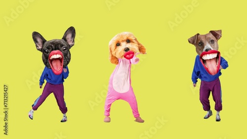 Party invitation. Young people headed with dog's muzzles dancing over colorful background. Stop motion, animation. Concept of animal theme, surrealism, fun and joy, dynamics