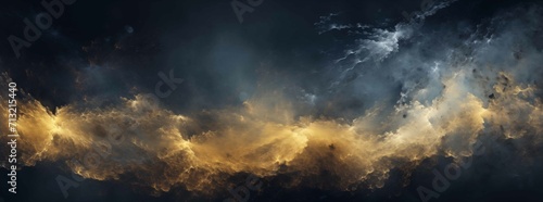 Dramatic interplay of light and shadow among clouds, with golden sunlight filtering through, evoking an ethereal skyscape. photo