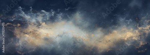 An abstract celestial vista with dynamic interplay of dust and clouds in blue and gold, reminiscent of a galactic formation.