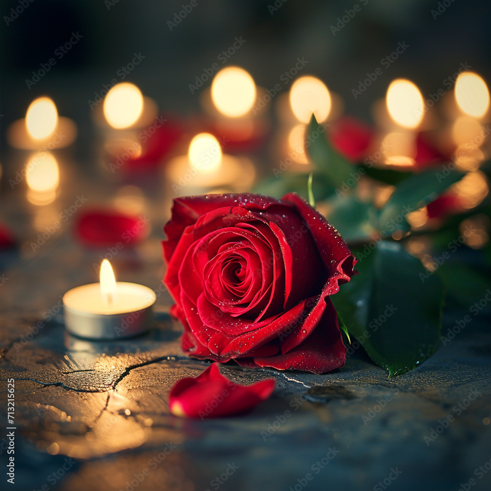 Rose with a red bloom and candles on Valentine's day, ai technology
