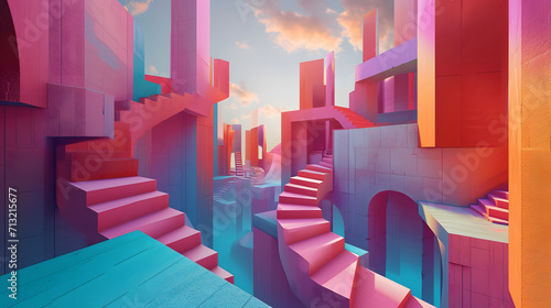 Colorful Geometric Stairs in Abstract Cubist Cityscape photo