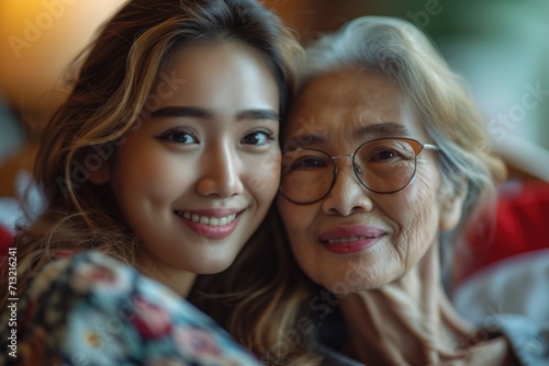 Une jeune fille asiatique et sa grand-mère, souriantes / A smiling Asian girl and her grandmother