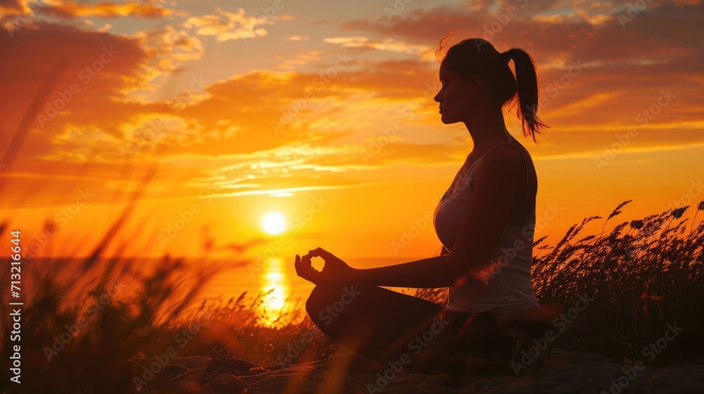 Tranquil Silhouette: A Woman Finding Serenity Through Meditation at Sunset.




