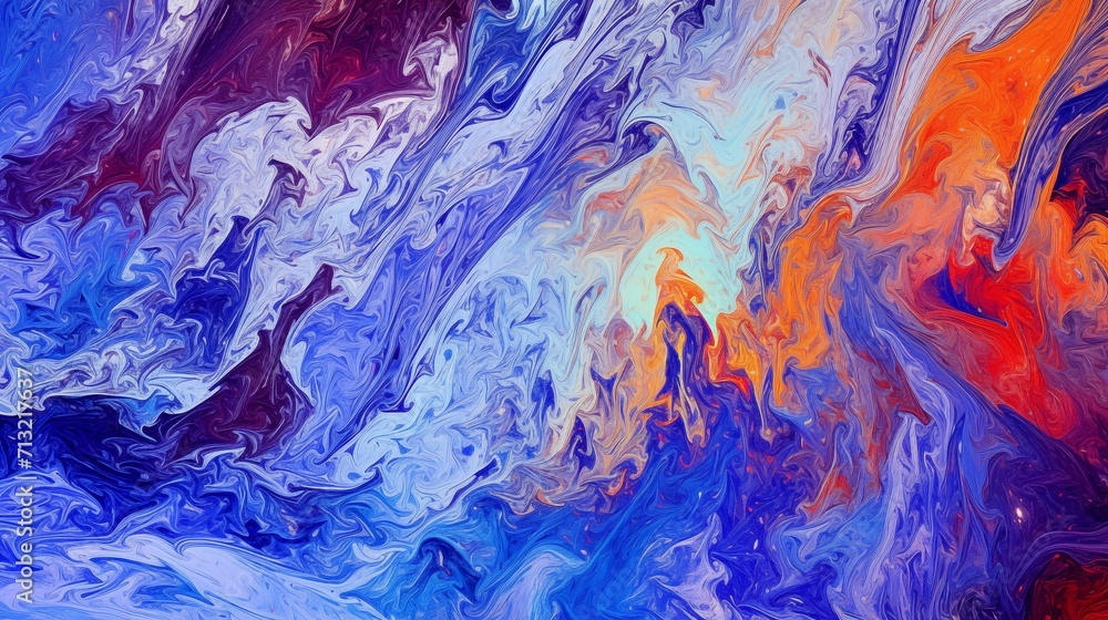 Abstract Dark Orange and Blue Marble Fluid Acrylic Painting Texture Background with Light White and Violet Accents