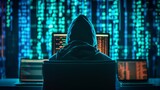 Silhouette of a hooded computer hacker behind multiple displays and digital information. Data thief, cyber fraud, election fraud, darknet and cybersecurity concept.