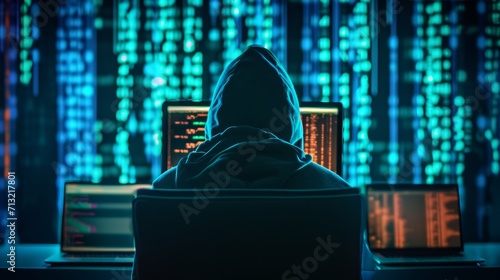 Silhouette of a hooded computer hacker behind multiple displays and digital information. Data thief, cyber fraud, election fraud, darknet and cybersecurity concept.