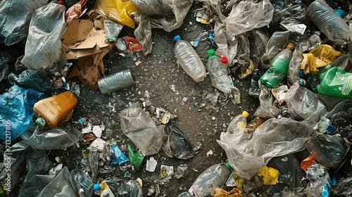 Realistic urban trash, Garbage texture, Top view. Generative AI. photo