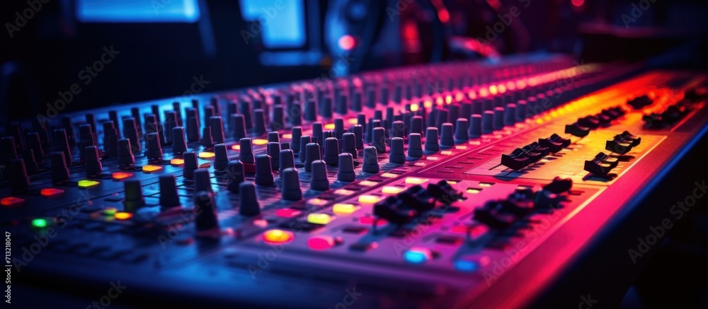 a close up of an audio mixing board with sound system a close up of an audio mixing board with sound system