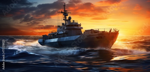 a beautiful military boat on the ocean at sunset