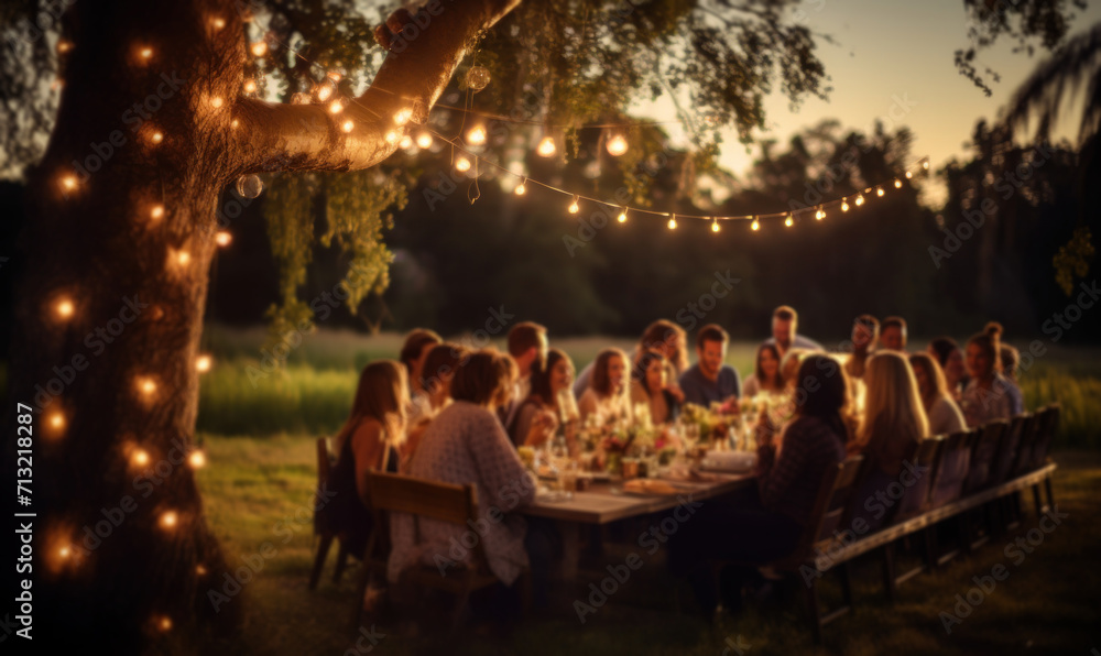 a dining table decorated with string lights for an outdoor wedding