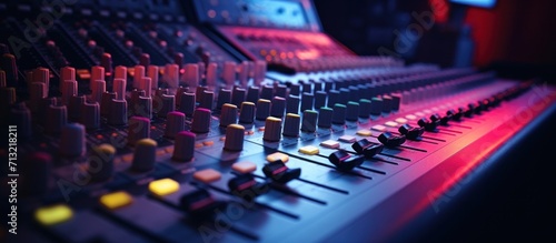 a close up of an audio mixing board with sound system