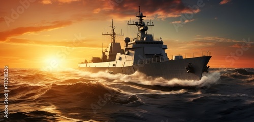 a military ship traveling on the water at sunset © olegganko