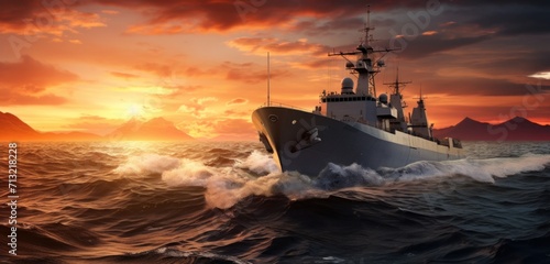 a military ship traveling on the water at sunset