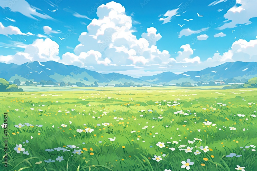 green field with sky background in pixel art style.