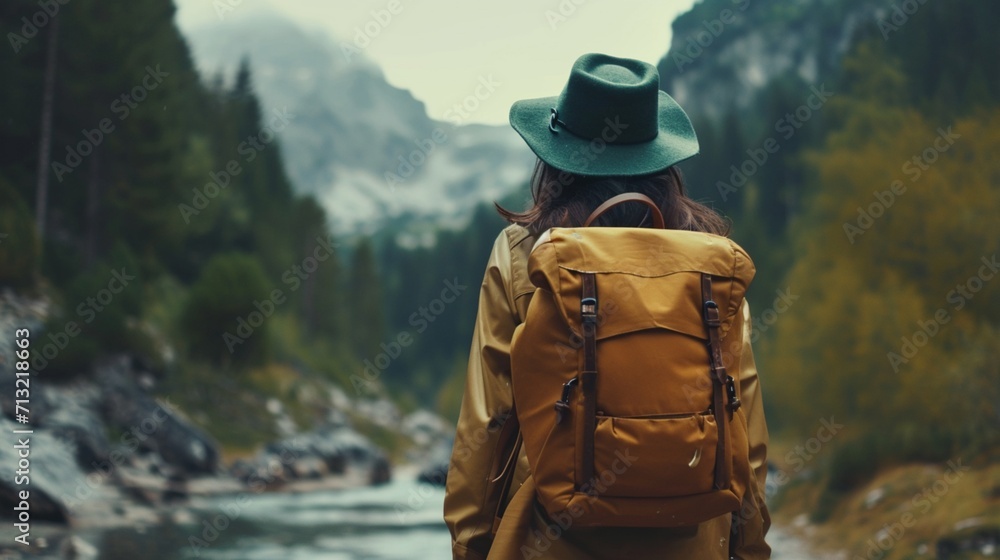 Young traveler wearing a hat with backpack hiking outdoor Travel Lifestyle and Adventure concept. photography