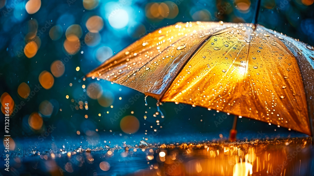 Golden umbrella canopy with sparkling water droplets against a bokeh light backdrop, embodying the cozy allure of rainy weather and the beauty of simple moments - obrazy, fototapety, plakaty 