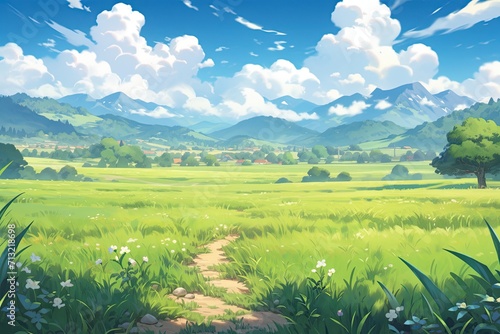 green field with sky background in pixel art style.