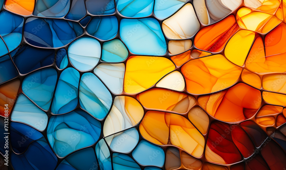 Colorful abstract stained glass pattern with a vibrant mosaic of interconnected shapes in varying shades of blue, orange, and yellow Colorful abstract stained glass pattern with a vibrant mosaic of interconnected shapes in varying shades of blue, orange, and yellow