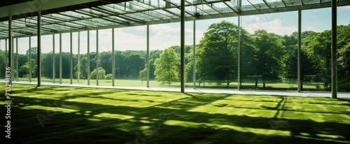 a green grass field with sunlight streaming through the glass