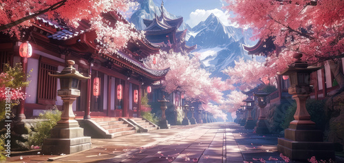 Serene traditional Asian temple with cherry blossoms in bloom  surrounded by stone lanterns and a clear path leading through a tranquil  picturesque setting
