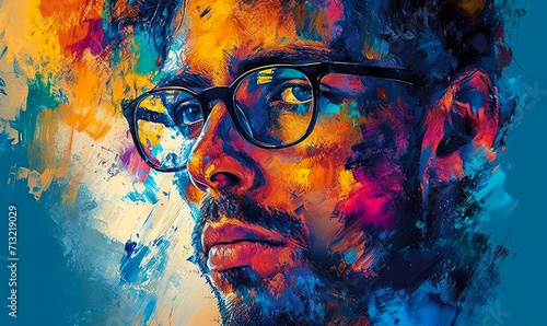 Vibrant abstract portrait of a pensive man with glasses, merging with a riot of colorful brush strokes, symbolizing creativity, perception, and the complexity of human thoughts