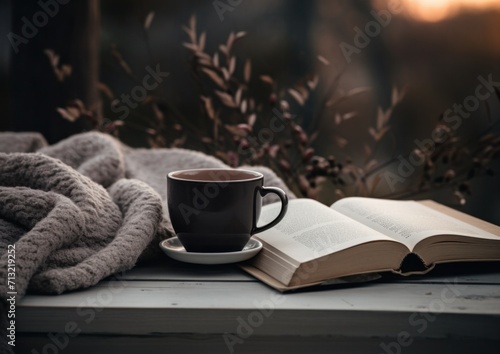 a coffee cup near a printed book and a blanket