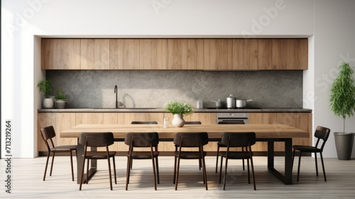 large kitchen room with modern interior design with wood table and chairs for home against the background white wall style, Generative AI