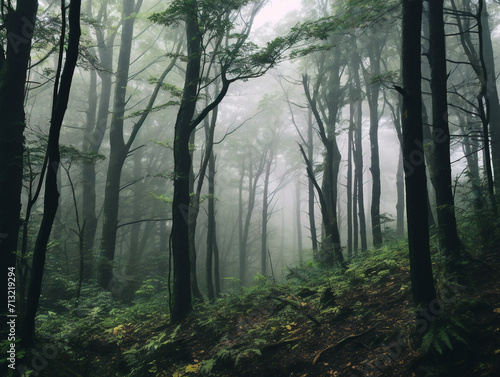 Mysterious atmosphere fills a forest, as misty trees create a captivating scene of enchantment.
