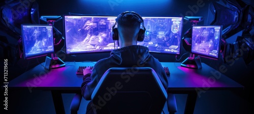 a man sitting at the computer screen playing a game photo