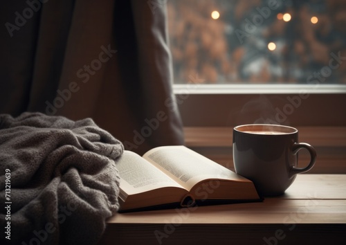 a coffee cup near a printed book and a blanket