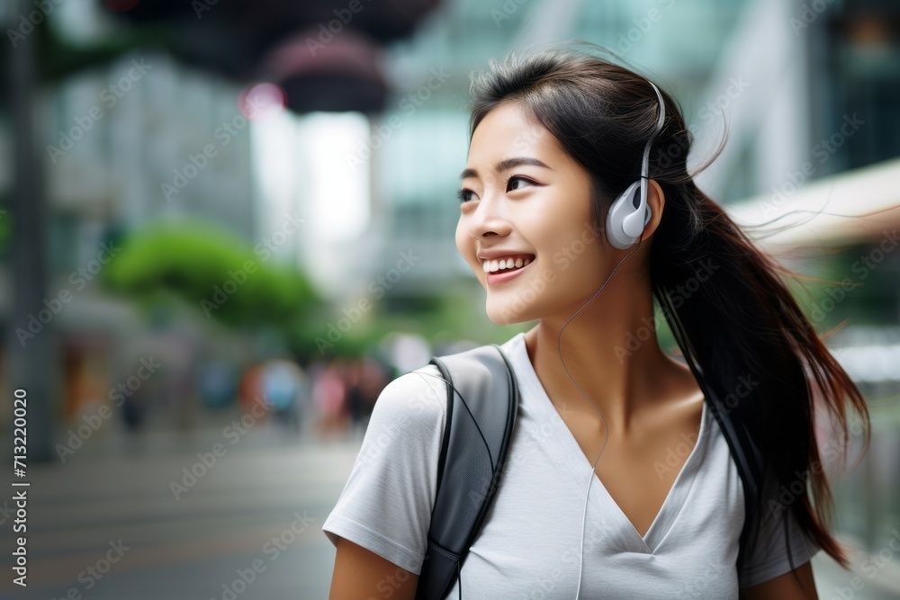Young Asian girl wearing headphones listening to music in the background of the city