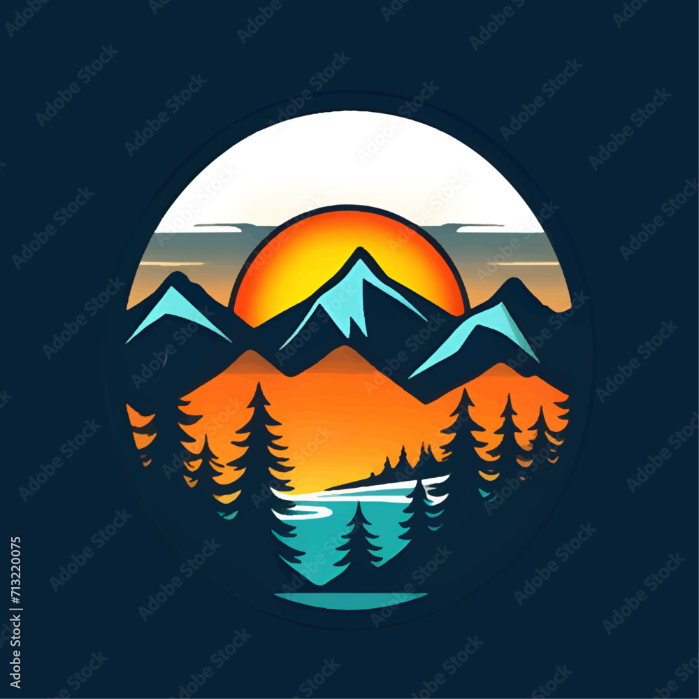Adventure design logo mountain, sunset, and lake in 3 color. Generative AI.
