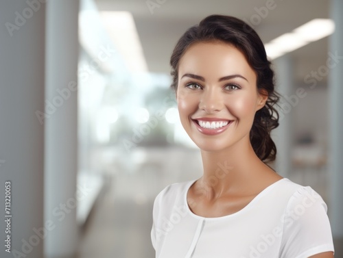 Portrait of young happy woman looks in camera