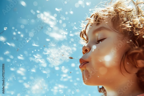 A close-up photo of a child blowing dandelion seeds, viewed from below with a summer blue sky, in a warm, soft-focus style 